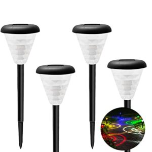 solar path lights,4 pack garden solar landscape lights outdoor color changing led stake lights, ip65 waterproof solar power lawn light, led solar yard lights for outdoor patio, walkway, driveway