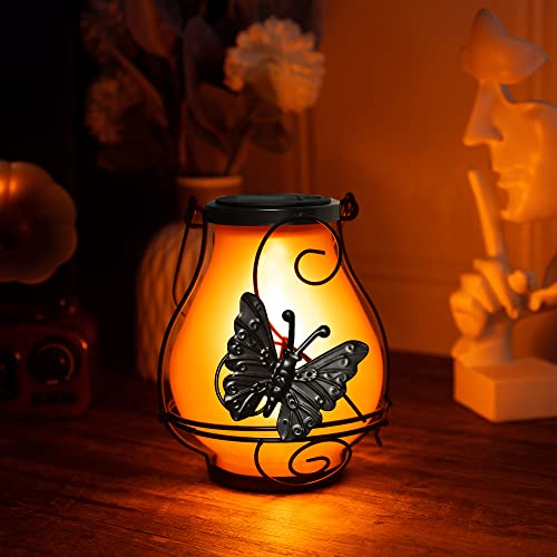 Atmosphere Making Outdoor Solar Hanging Lanterns Waterproof Metal Outside Decor Light Dynamic Simulation Flame Lamp for Lawn Patio Garden Yard Pathway with Butterfly