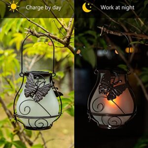 Atmosphere Making Outdoor Solar Hanging Lanterns Waterproof Metal Outside Decor Light Dynamic Simulation Flame Lamp for Lawn Patio Garden Yard Pathway with Butterfly