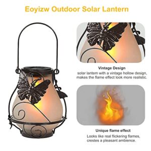 Atmosphere Making Outdoor Solar Hanging Lanterns Waterproof Metal Outside Decor Light Dynamic Simulation Flame Lamp for Lawn Patio Garden Yard Pathway with Butterfly