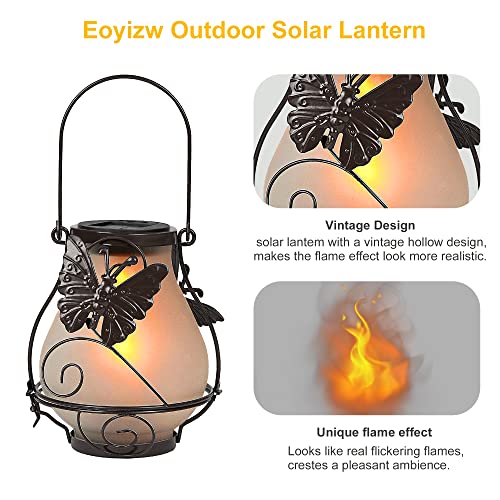 Atmosphere Making Outdoor Solar Hanging Lanterns Waterproof Metal Outside Decor Light Dynamic Simulation Flame Lamp for Lawn Patio Garden Yard Pathway with Butterfly