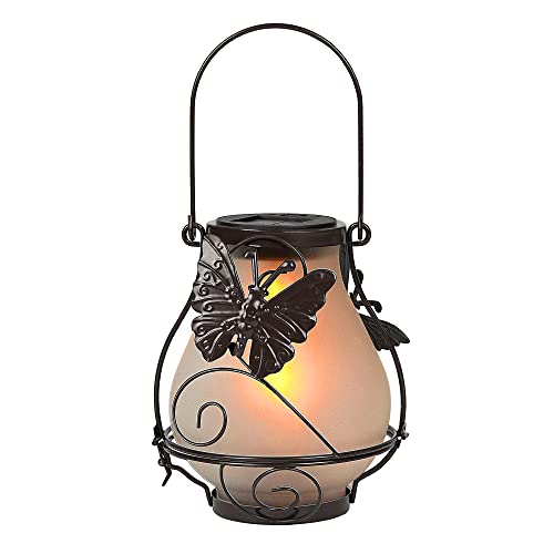 Atmosphere Making Outdoor Solar Hanging Lanterns Waterproof Metal Outside Decor Light Dynamic Simulation Flame Lamp for Lawn Patio Garden Yard Pathway with Butterfly