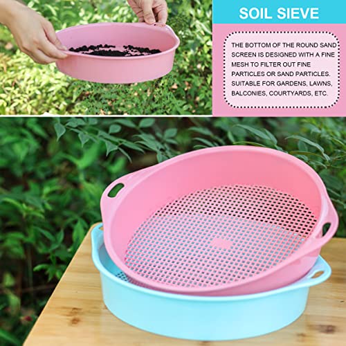 LNQ LUNIQI 2Pcs Round Garden Soil Sieve with Handle,Plastic Mesh Soil Sifter Set for Sieve Work of Small Gravel, Soil, Sand (Pink,Blue