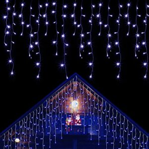 blissun 360 led iciclelights, 29.5ft 8 modes curtain fairy lights with 60 drops, christmas outdoor string lights for wedding halloween thanksgiving party home garden indoor decorations, blue
