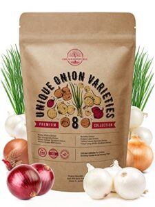 8 onion seeds variety pack heirloom, non-gmo, onion seed sets for planting indoors, outdoors gardening. 1600+ seeds: walla walla, green onion, red burgundy, white & yellow sweet spanish onions & more