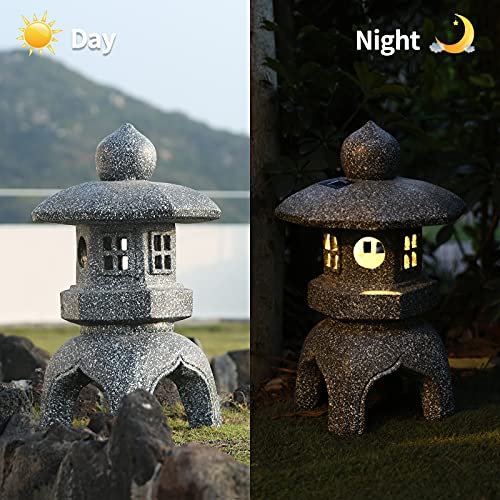 OUSHUAI Pagoda Garden Statue Outdoor Figurine Lights Solar Powered LED Garden Decor Pagoda Light Asian Lantern Outdoor Decorations Home Tranquil Resin Waterproof Decor Lawn Yard