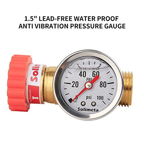 Solimeta Water Pressure Regulator with Stainless Steel Liquid Filled Lead-Free Pressure Gauge, Pressure Reducer for Camper, Trailer, RV, Garden, Plumbing System, 40-50 psi, 3/4" Hose