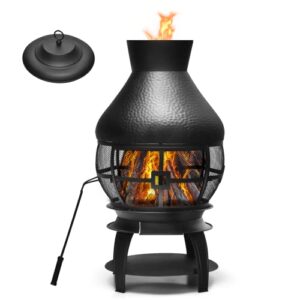 outdoor chiminea fireplace, vintage metal chimineas, wood-burning rustic finish fire pit with 360° wire mesh, fire poker, chimney cap & wood storage, large firepit for lawn, garden, patio & backyard
