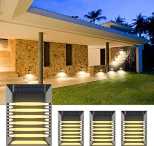 solar outdoor fence lights warm white, solar wall lamps outdoor waterproof lights for waterproof garden lights wall, stair, pool (4 pack)…