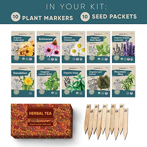 Herbal Tea Seeds Variety Pack - 10 Medicinal Herbs Seed Packets - Certified Organic Non GMO Herb Seeds - Gifts for Tea Lovers