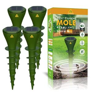 mole repellent screw solar powered outdoor groundhog deterrent vibration stakes quiet get rid of snake vole gopher armadillo for yard lawns – no noise poison kill traps (green 4pack)