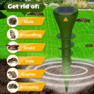 Mole Repellent Screw Solar Powered Outdoor Groundhog Deterrent Vibration Stakes Quiet Get Rid of Snake Vole Gopher Armadillo for Yard Lawns - No Noise Poison Kill Traps (Green 4pack)