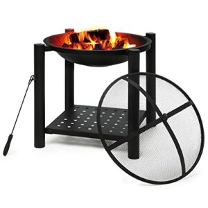 monibloom 22″ portable fire pit outdoor wood burning firepit outside bbq grill cooking with rack for patio backyard picnic garden, black
