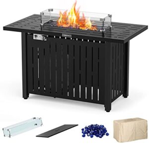 embrange gas fire pit 43 inch propane fire pits, pulse ignition 50,000 btu steel fire pit with glass wind guard, waterproof cover,glass stone, add ambience to gatherings on patio garden backyard