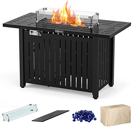 EMBRANGE Gas Fire Pit 43 Inch Propane Fire Pits, Pulse Ignition 50,000 BTU Steel Fire Pit with Glass Wind Guard, Waterproof Cover,Glass Stone, Add Ambience to Gatherings on Patio Garden Backyard