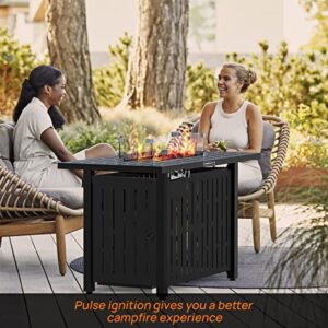 EMBRANGE Gas Fire Pit 43 Inch Propane Fire Pits, Pulse Ignition 50,000 BTU Steel Fire Pit with Glass Wind Guard, Waterproof Cover,Glass Stone, Add Ambience to Gatherings on Patio Garden Backyard