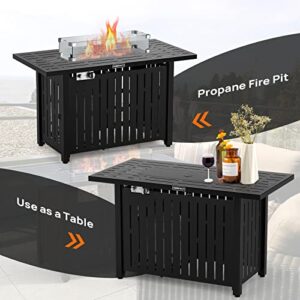 EMBRANGE Gas Fire Pit 43 Inch Propane Fire Pits, Pulse Ignition 50,000 BTU Steel Fire Pit with Glass Wind Guard, Waterproof Cover,Glass Stone, Add Ambience to Gatherings on Patio Garden Backyard