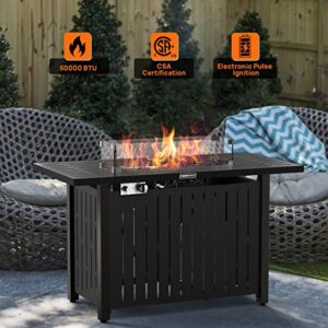 EMBRANGE Gas Fire Pit 43 Inch Propane Fire Pits, Pulse Ignition 50,000 BTU Steel Fire Pit with Glass Wind Guard, Waterproof Cover,Glass Stone, Add Ambience to Gatherings on Patio Garden Backyard