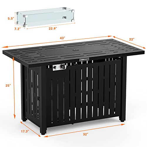 EMBRANGE Gas Fire Pit 43 Inch Propane Fire Pits, Pulse Ignition 50,000 BTU Steel Fire Pit with Glass Wind Guard, Waterproof Cover,Glass Stone, Add Ambience to Gatherings on Patio Garden Backyard