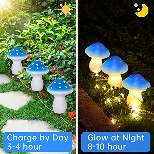 Solar Garden Lights, 3 Pack Mini Mushroom Solar Lights with 18 LEDs, 8 Modes Solar String Lights Outdoor Waterproof Cute Blue Mushroom Decoration Landscape Lights for Yard, Lawn, Patio, Flowerpot