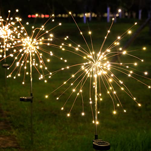 Wo garzio Solar Firework Lights, Solar Garden Lights, 120 LED Outdoor Waterproof Firefly Path Lights, Solar Decorative Light Garden Channel Decorative Insert Light, Warm White (2 Pack)