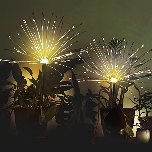 Wo garzio Solar Firework Lights, Solar Garden Lights, 120 LED Outdoor Waterproof Firefly Path Lights, Solar Decorative Light Garden Channel Decorative Insert Light, Warm White (2 Pack)