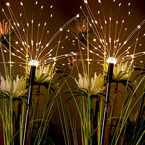 Wo garzio Solar Firework Lights, Solar Garden Lights, 120 LED Outdoor Waterproof Firefly Path Lights, Solar Decorative Light Garden Channel Decorative Insert Light, Warm White (2 Pack)