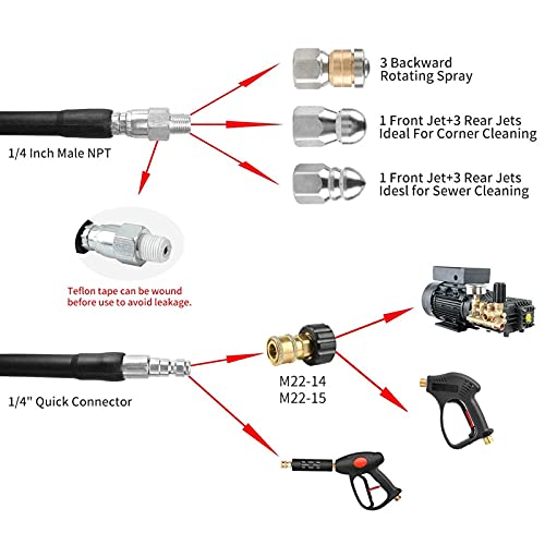 Sooprinse High Pressure Washer Sewer Jetter Kit , Button Nozzle and Rotating Sewer Jetting Nozzle, Pressure Washer Sewer Washer Kit, 50FT Drain Cleaning Hose, 3000 PSI