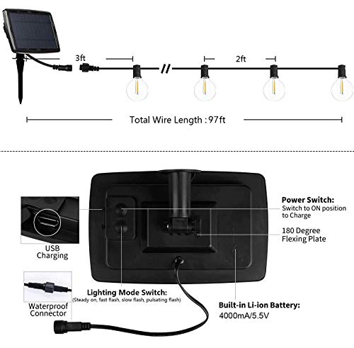 SUNTHIN Solar String Lights Outdoor, 97ft Solar Patio Lights with 48 Shatterproof G40 LED Bulbs, Waterproof Solar Powered Outdoor Lights for for Garden, Backyard, Porch, Deck, Pergola, Camping, Party