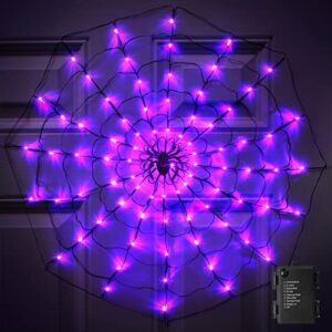 remon 4ft light up spider web halloween decorations, 96 purple led waterproof spider web lights with big spider, 8 flashing modes battery powered for halloween home window yard garden indoor outdoor