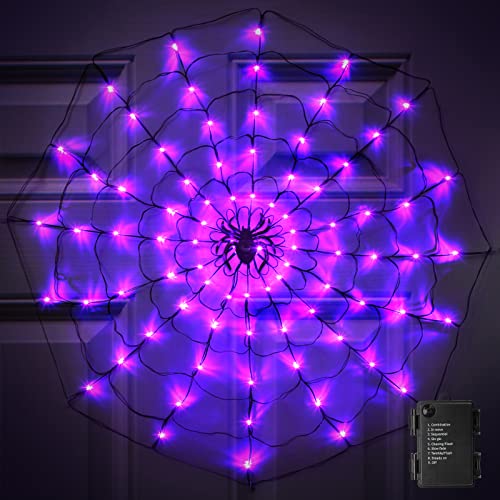 Remon 4Ft Light Up Spider Web Halloween Decorations, 96 Purple LED Waterproof Spider Web Lights with Big Spider, 8 Flashing Modes Battery Powered for Halloween Home Window Yard Garden Indoor Outdoor