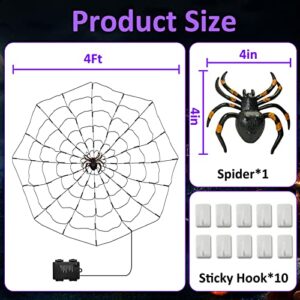 Remon 4Ft Light Up Spider Web Halloween Decorations, 96 Purple LED Waterproof Spider Web Lights with Big Spider, 8 Flashing Modes Battery Powered for Halloween Home Window Yard Garden Indoor Outdoor