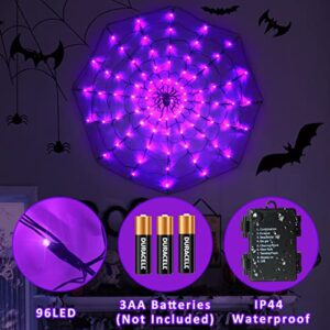 Remon 4Ft Light Up Spider Web Halloween Decorations, 96 Purple LED Waterproof Spider Web Lights with Big Spider, 8 Flashing Modes Battery Powered for Halloween Home Window Yard Garden Indoor Outdoor