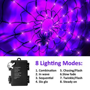 Remon 4Ft Light Up Spider Web Halloween Decorations, 96 Purple LED Waterproof Spider Web Lights with Big Spider, 8 Flashing Modes Battery Powered for Halloween Home Window Yard Garden Indoor Outdoor