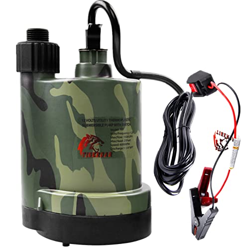 TIGEROAR 12V DC Submersible Water Pump 1500 GPH Thermoplastic Water Transfer Pump with 20 ft. Cord and 3/4 in. Garden Hose Adapter for Utility Pump Camouflage Color