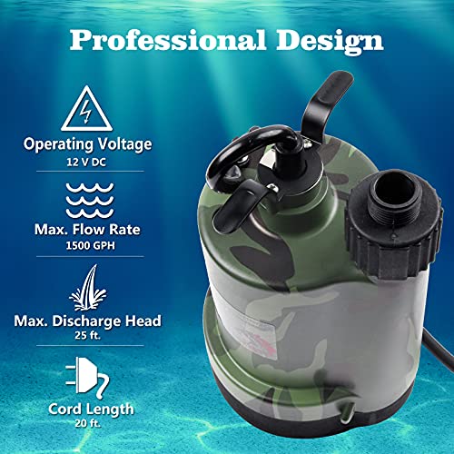 TIGEROAR 12V DC Submersible Water Pump 1500 GPH Thermoplastic Water Transfer Pump with 20 ft. Cord and 3/4 in. Garden Hose Adapter for Utility Pump Camouflage Color