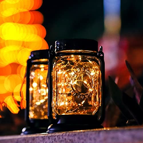 Hanging Solar Lights Outdoor - 2 Pack Solar Powered Waterproof Landscape Christmas Lanterns with Retro Design for Patio, Yard, Garden and Pathway Decoration (Warm Light)