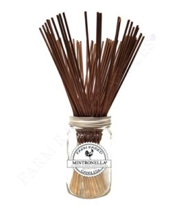 mosquito outdoor patio sticks – farm raised candles mintronella – u.s.a. made – 100 pack – no see um – gnats – fly outdoor incense bug sticks. citronella + peppermint – lavender oil