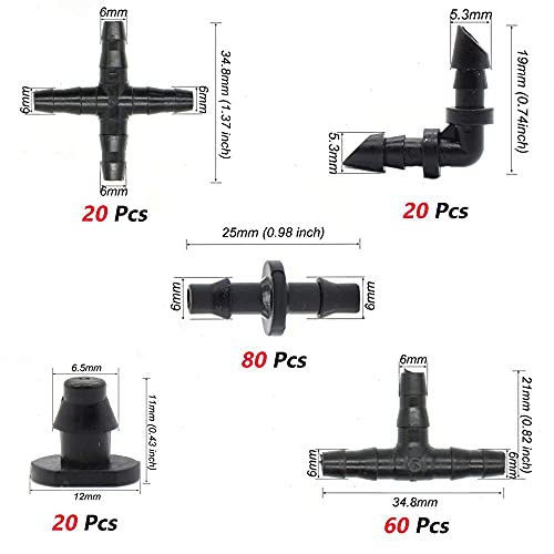 200pcs Irrigation Fittings Kit, Kalolary Drip Irrigation Barbed Connectors for 1/4-Inch Tubing Flower Pot Vegetable Garden Lawn Water Hose Irrigating