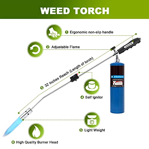 Weed Torch Propane Burner, 50,000BTU Blow Torch, Gas Vapor, self igniting, Ergonomic Anti-slip Handle, with Trigger Start and Flame Control Valve(Fuel Not Included)