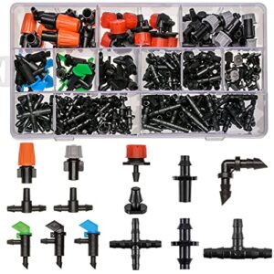 204pcs barbed connectors irrigation fittings kit,drip irrigation barbed connectors 1/4”tubing fittings kit for flower pot garden lawn(straight barbs,single barbs,tees,elbows,end plug,4-way coupling)