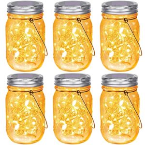 【upgraded】hanging mason jar solar lights, 6 pack 30 leds fairy lights with jars and hangers, ipx6 waterproof hanging solar lights outdoor, solar lanterns for balcony backyard garden fence decor