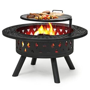 monibloom 38″ wood burning fire pit metal backyard patio round table outdoor heating and cooking grill rack grate for garden picnic camping bonfire, black