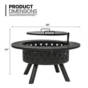 MoNiBloom 38" Wood Burning Fire Pit Metal Backyard Patio Round Table Outdoor Heating and Cooking Grill Rack Grate for Garden Picnic Camping Bonfire, Black