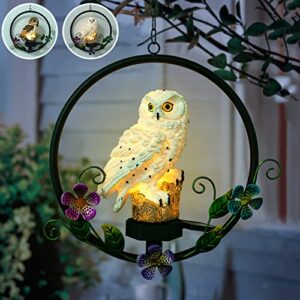 asfsky solar owl garden decorations led owl hanging ring statue retro metal waterproof for outdoor decorative owl ornament owl gifts for owl lovers (white)