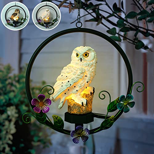 ASFSKY Solar Owl Garden Decorations LED Owl Hanging Ring Statue Retro Metal Waterproof for Outdoor Decorative Owl Ornament Owl Gifts for Owl Lovers (White)