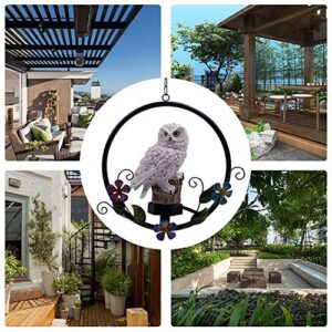 ASFSKY Solar Owl Garden Decorations LED Owl Hanging Ring Statue Retro Metal Waterproof for Outdoor Decorative Owl Ornament Owl Gifts for Owl Lovers (White)