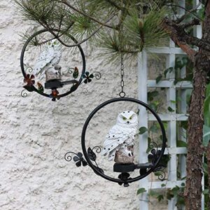 ASFSKY Solar Owl Garden Decorations LED Owl Hanging Ring Statue Retro Metal Waterproof for Outdoor Decorative Owl Ornament Owl Gifts for Owl Lovers (White)