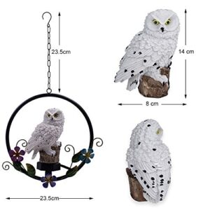 ASFSKY Solar Owl Garden Decorations LED Owl Hanging Ring Statue Retro Metal Waterproof for Outdoor Decorative Owl Ornament Owl Gifts for Owl Lovers (White)