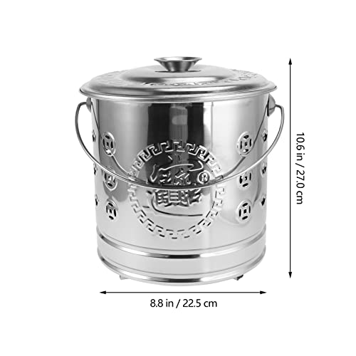 Housoutil 1PC Stainless Steel Paper Burn Barrel with Hook, Burn Barrel Incinerator Cage Can with Lid, Joss Paper Money Incinerator Can for Garden Paper Leaf Trash Backyard Bonfire 9.43X7.86inch.